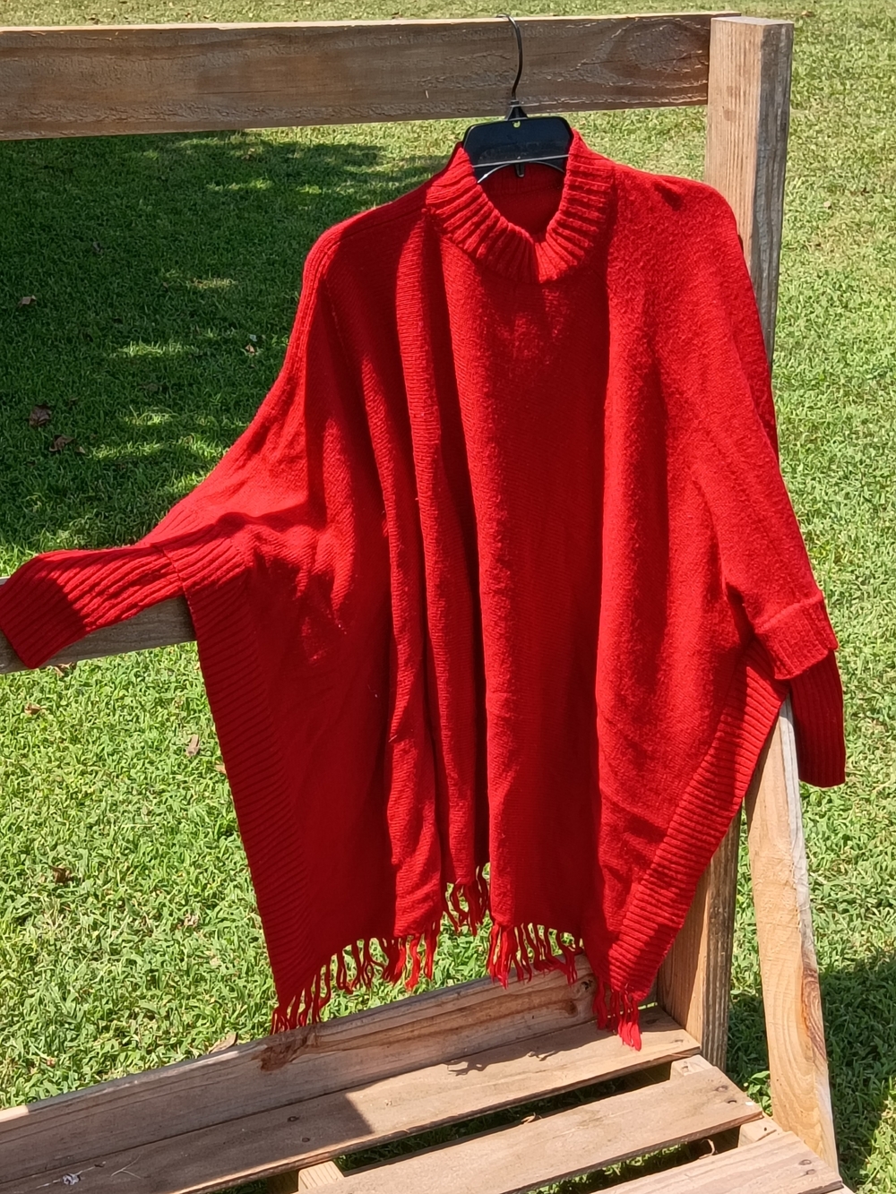 Bright Red Fringe Poncho Sweater for Women